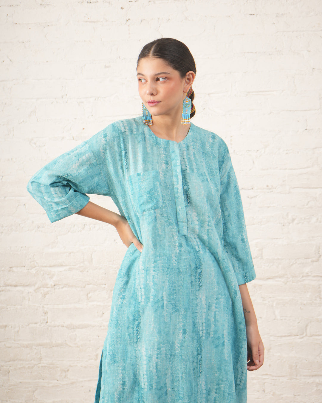 Aqua Cotton Linen Printed Kurta Set