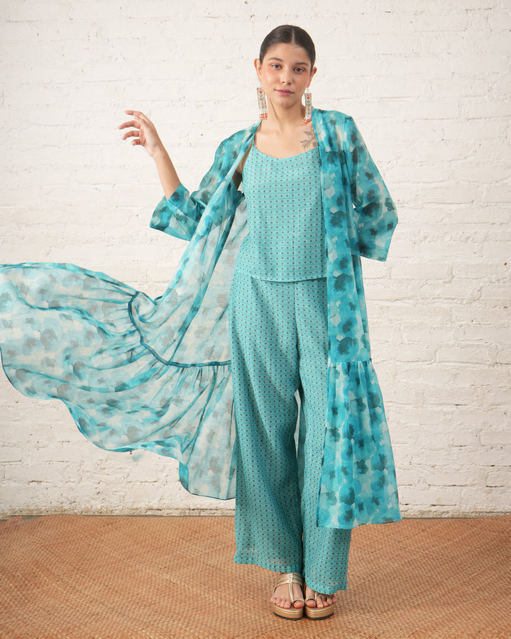 Aqua Printed Overlay with Co‑ordinated Inner and Pants