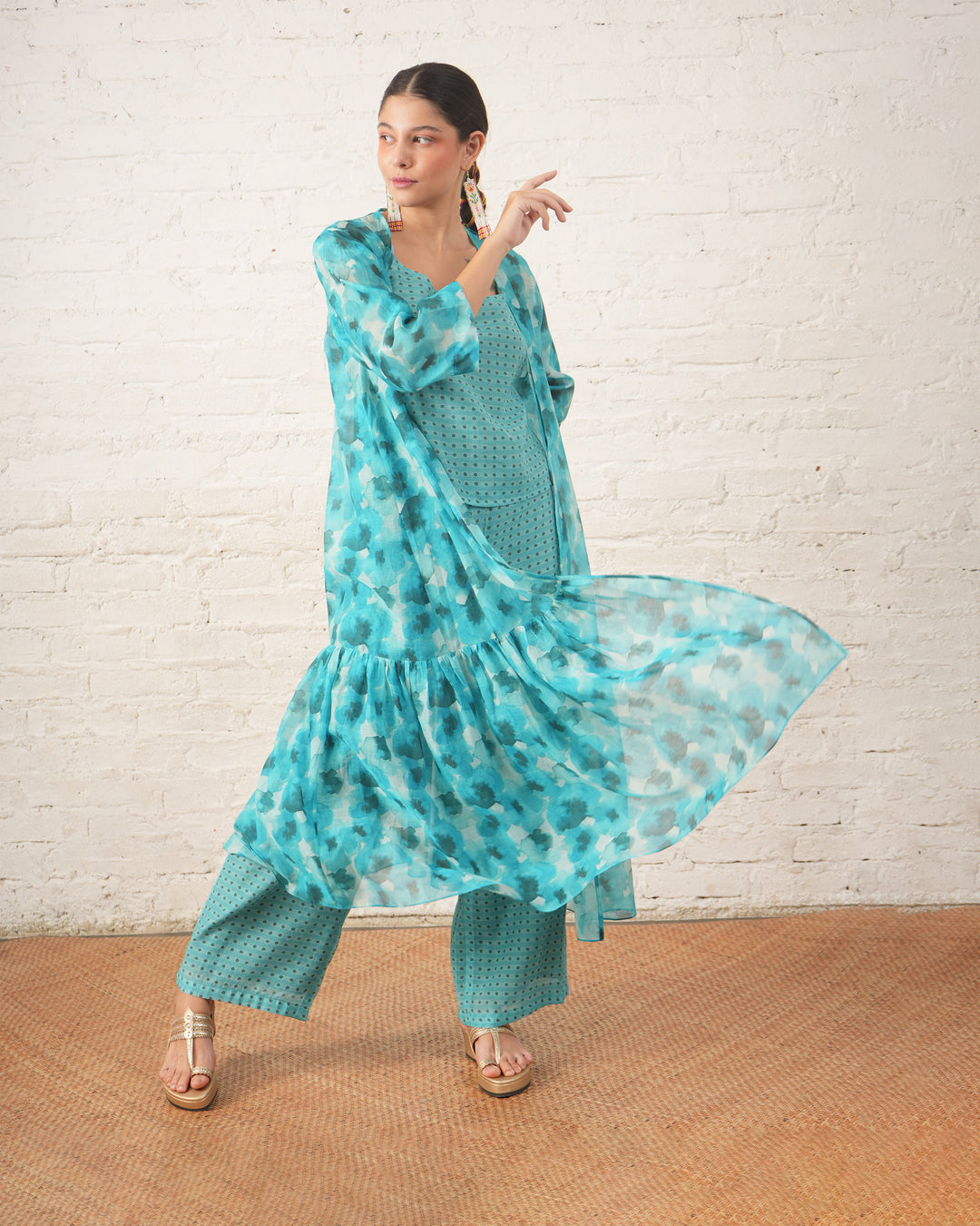 Aqua Printed Overlay with Co‑ordinated Inner and Pants