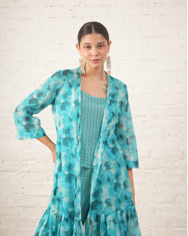 Aqua Printed Overlay with Co‑ordinated Inner and Pants