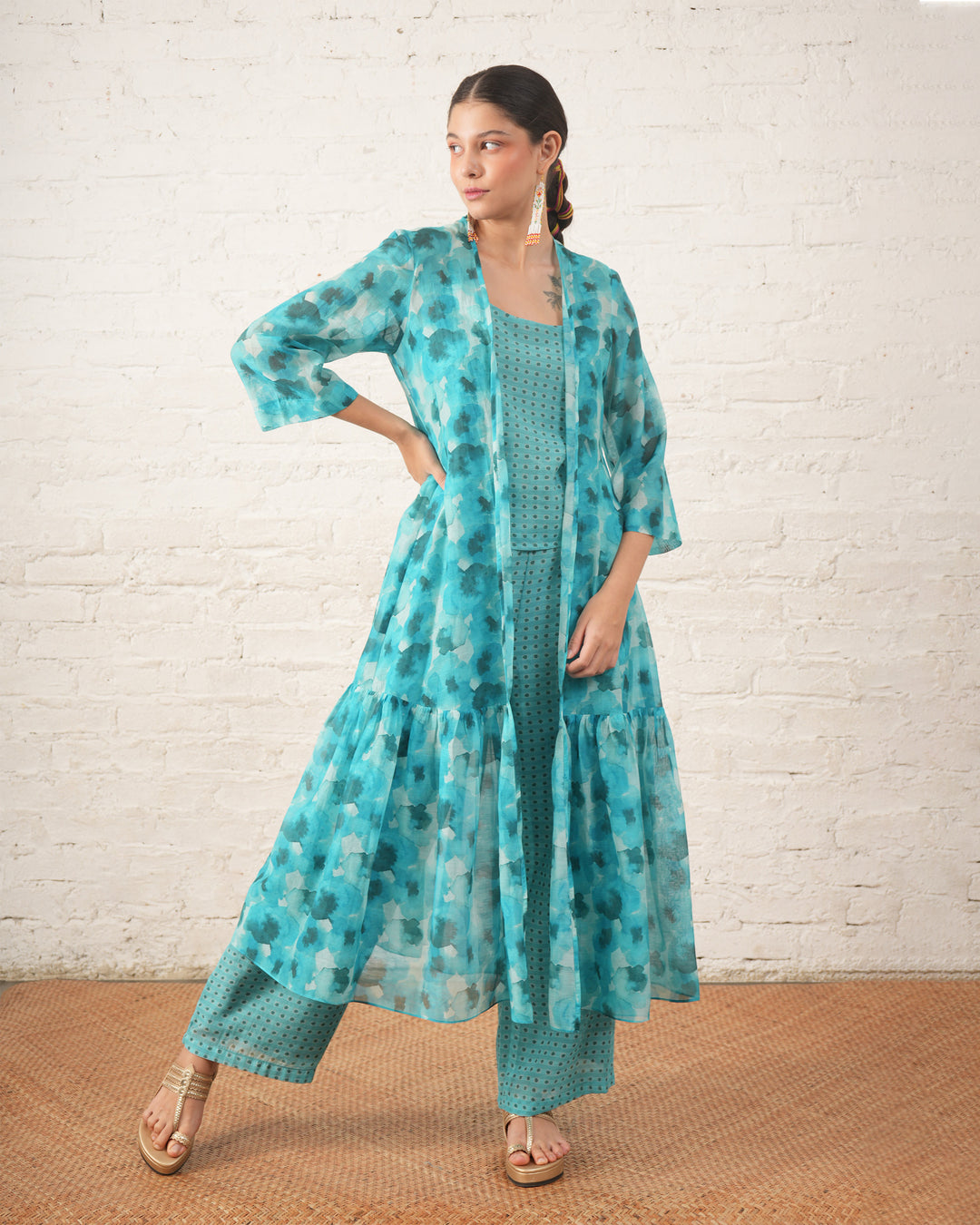 Aqua Printed Overlay with Co‑ordinated Inner and Pants