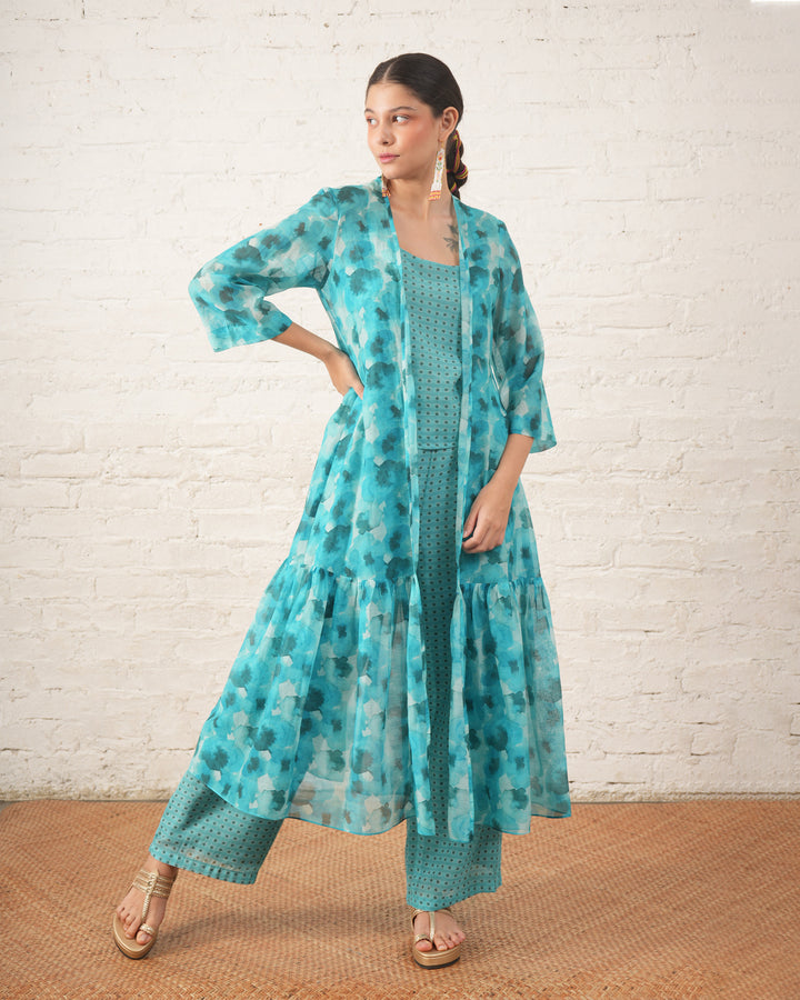 Aqua Printed Overlay with Co‑ordinated Inner and Pants