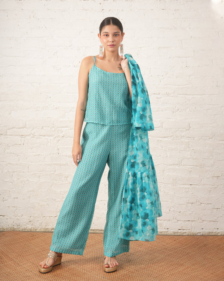 Aqua Printed Overlay with Co‑ordinated Inner and Pants