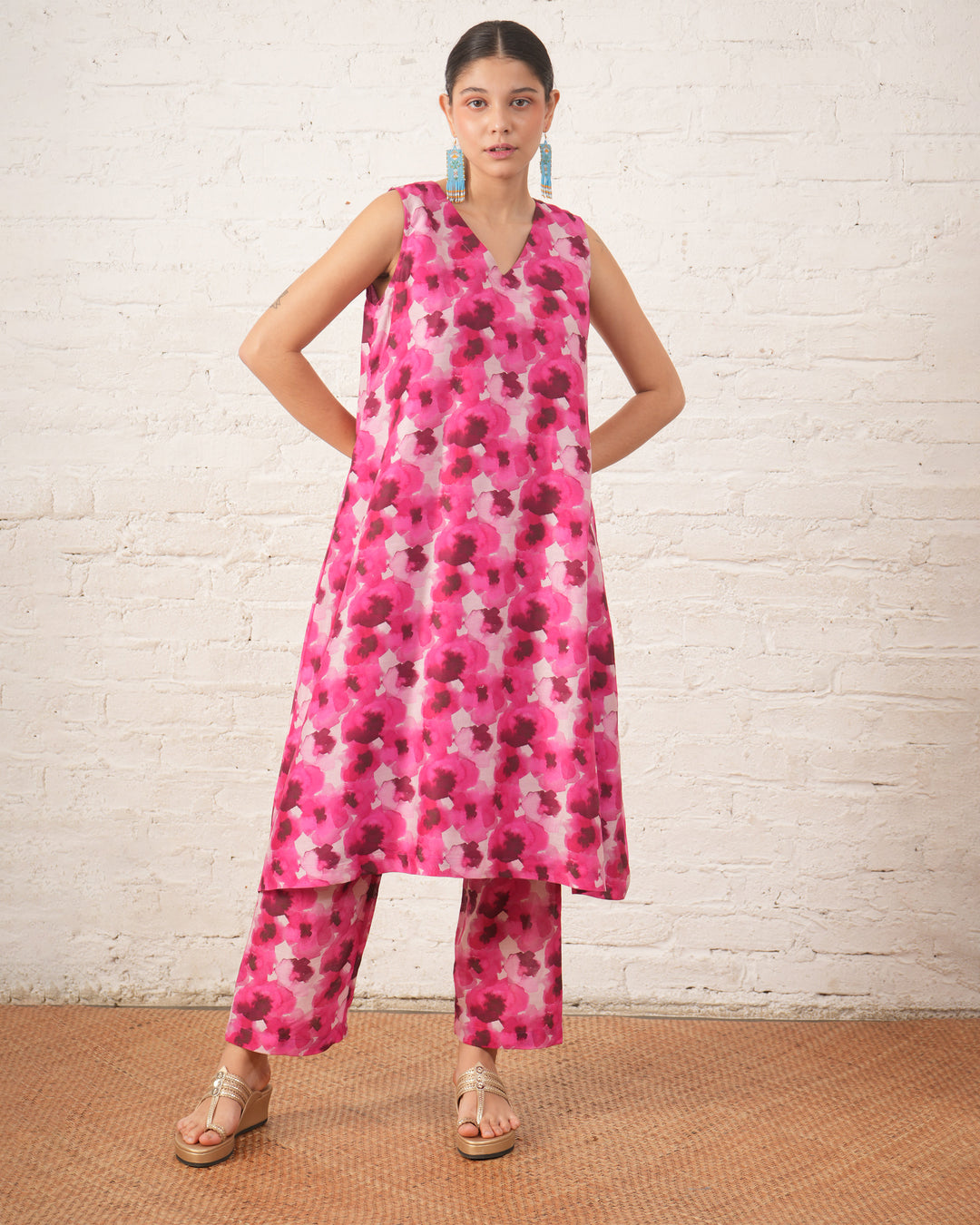 Pink Floral Printed Silk Chanderi Kurta Set
