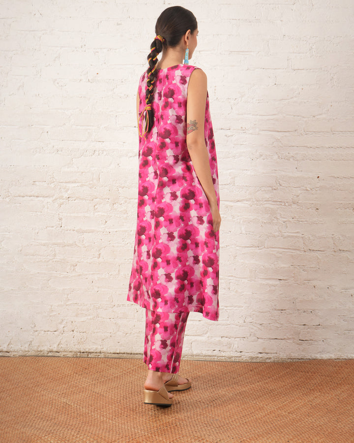 Pink Floral Printed Silk Chanderi Kurta Set