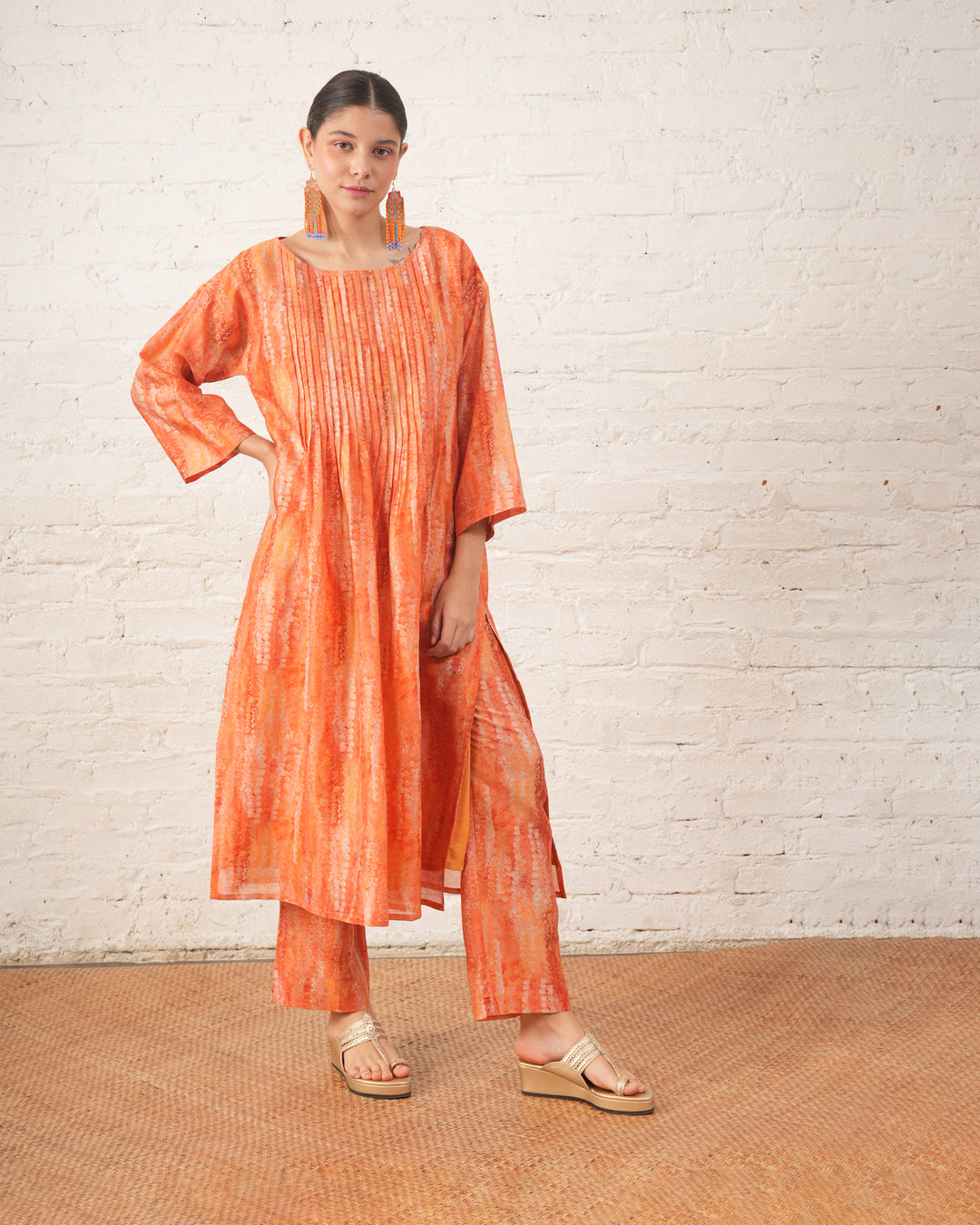 Peach Silk Chanderi Pintuck Kurta with Pants