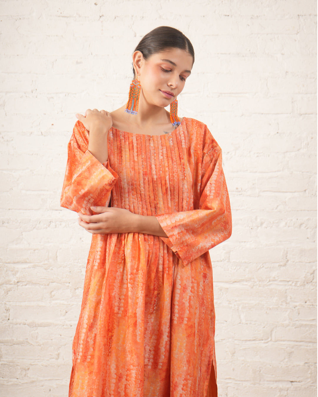 Peach Silk Chanderi Pintuck Kurta with Pants