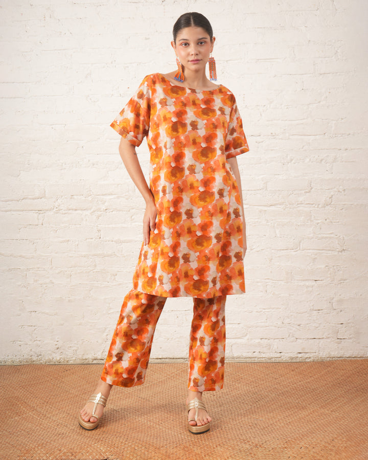 Rust Floral Printed Organic Cotton Kurta Set