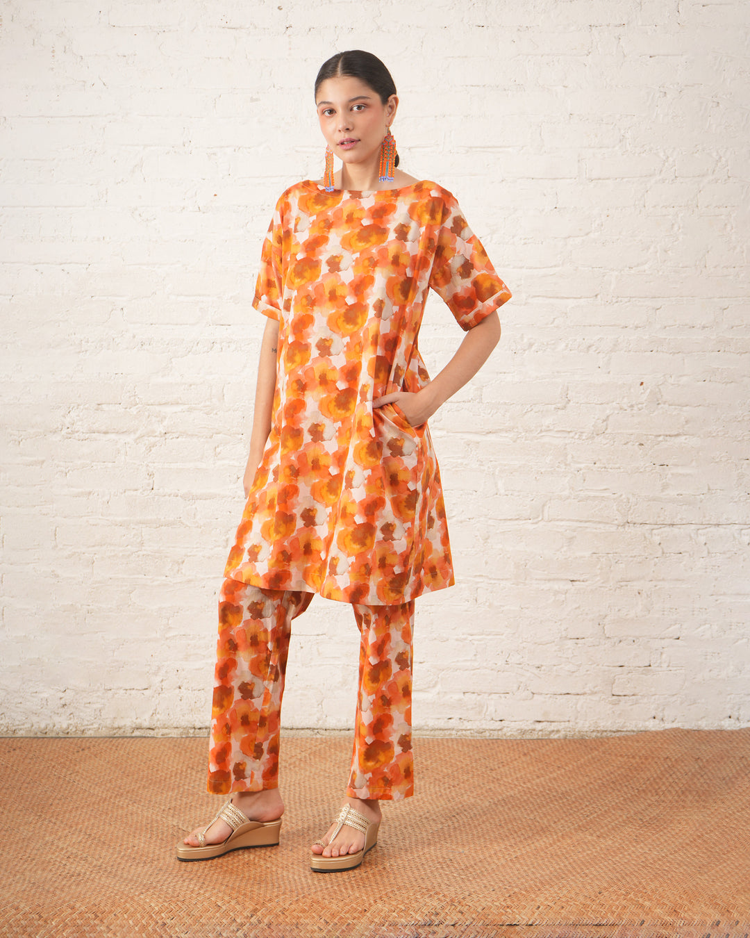 Rust Floral Printed Organic Cotton Kurta Set