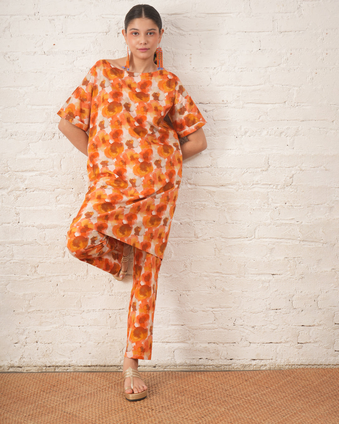 Rust Floral Printed Organic Cotton Kurta Set