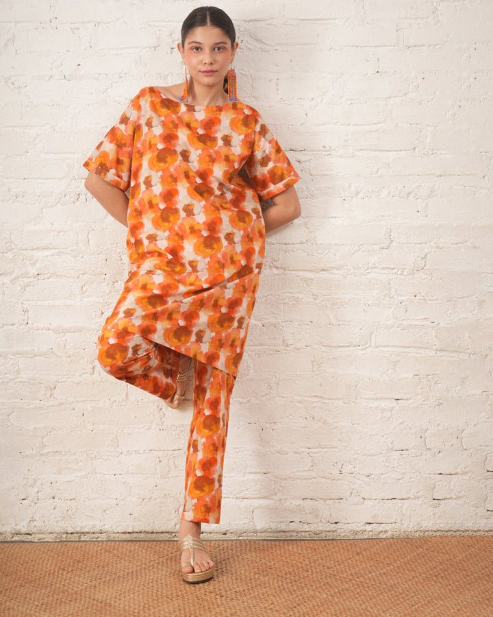 Rust Floral Printed Organic Cotton Kurta Set