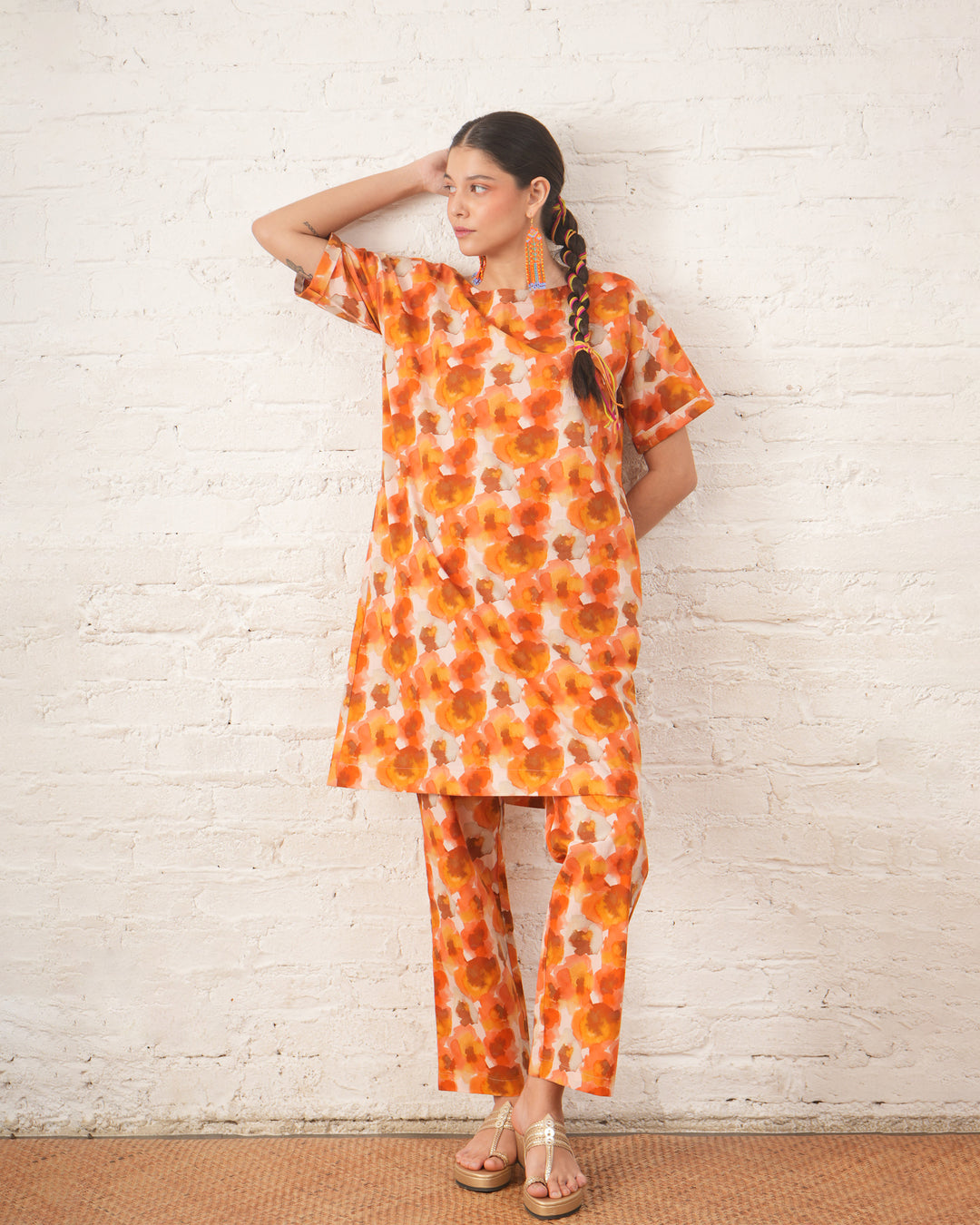 Rust Floral Printed Organic Cotton Kurta Set