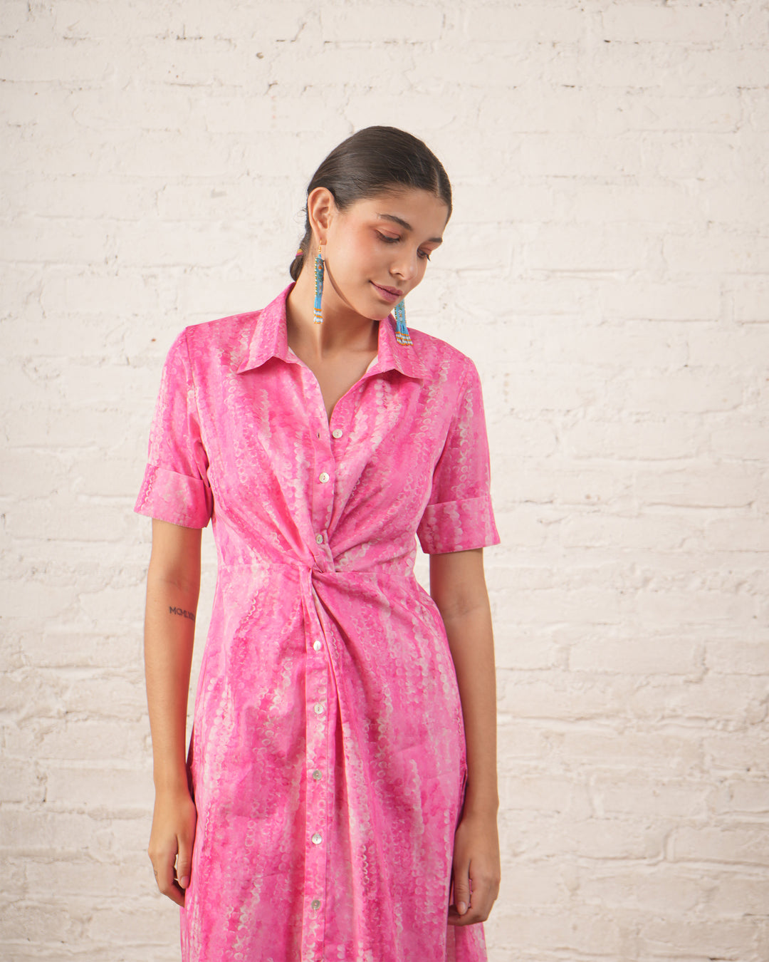 Pink Twist Dress with Printed Pants