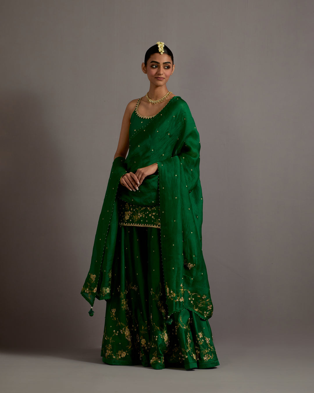 green jaal hand embroidered silk short kurta sharara set