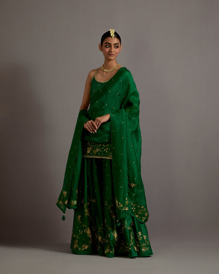 green jaal hand embroidered silk short kurta sharara set