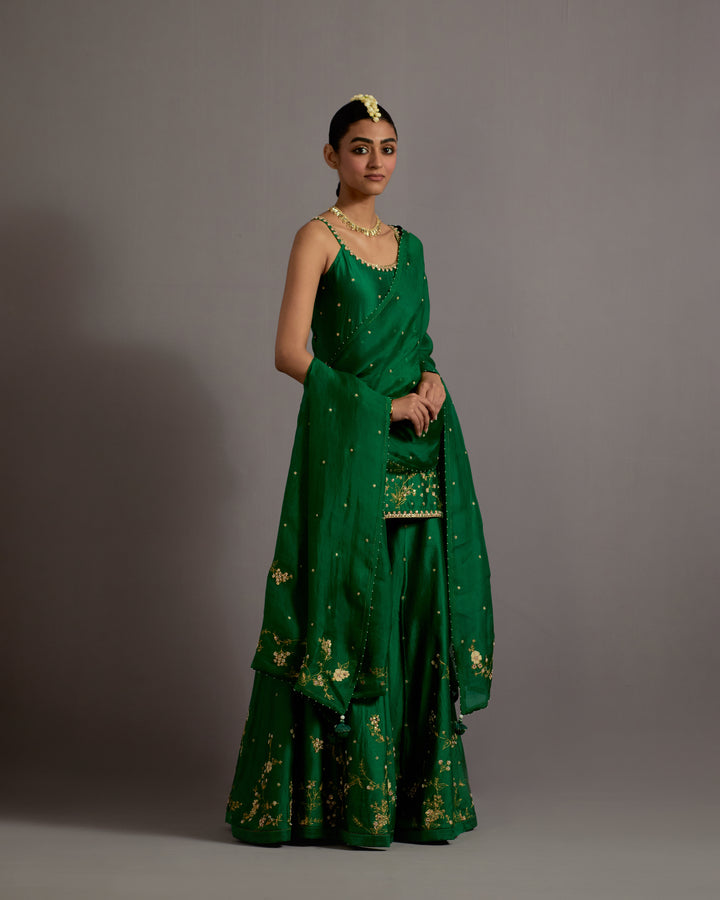 green jaal hand embroidered silk short kurta sharara set