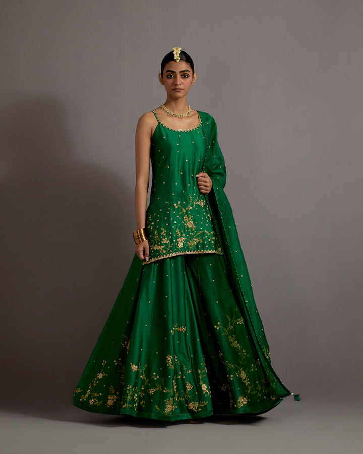 green jaal hand embroidered silk short kurta sharara set