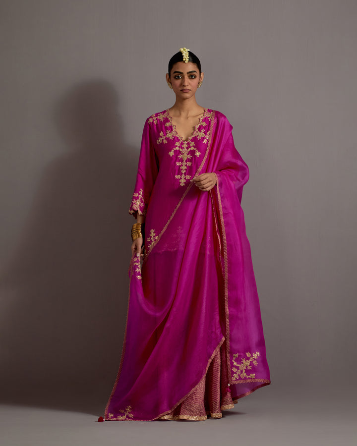 fuchsia pink hand embroidered short kurta checkered sharara set