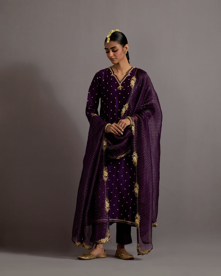 aubergine zardosi boota embroidered straight kurta set