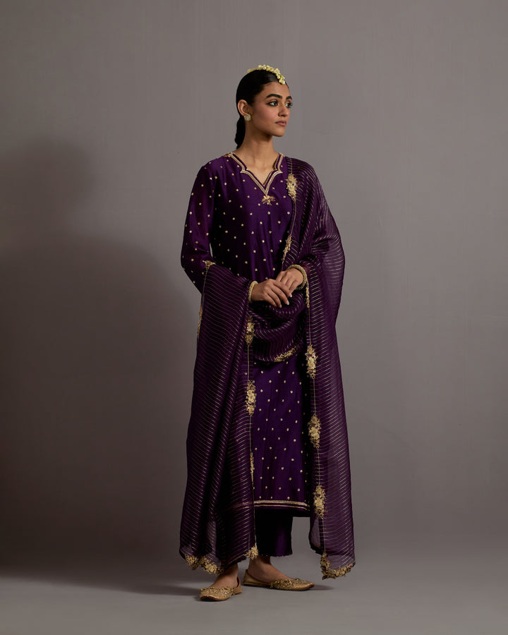 aubergine zardosi boota embroidered straight kurta set