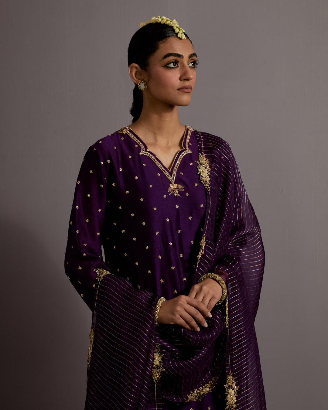 aubergine zardosi boota embroidered straight kurta set
