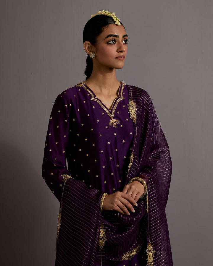 aubergine zardosi boota embroidered straight kurta set