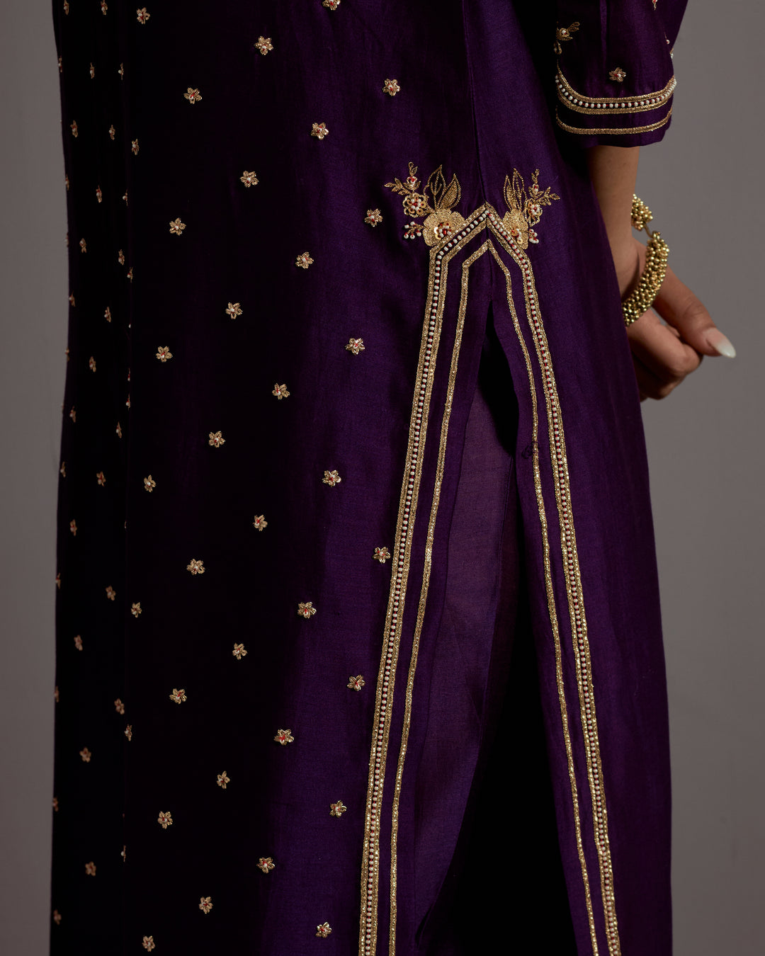 aubergine zardosi boota embroidered straight kurta set