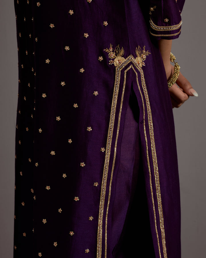 aubergine zardosi boota embroidered straight kurta set