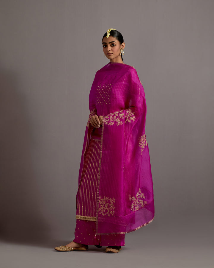 fuchsia pink strips hand embroidered straight kurta set