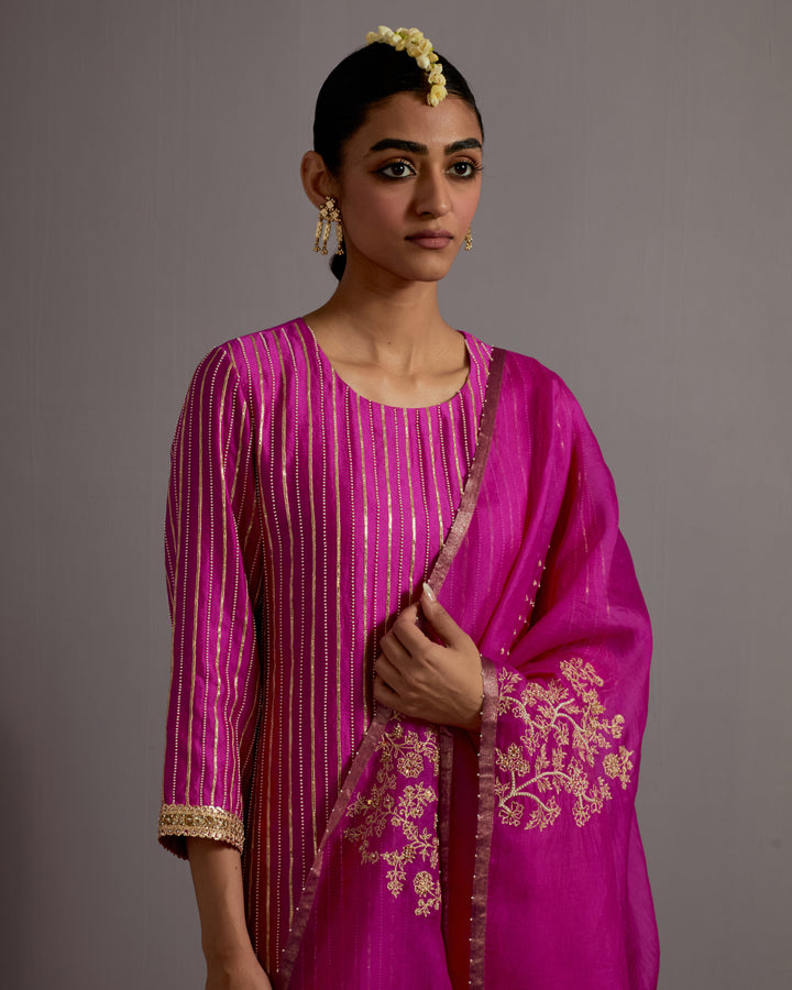 fuchsia pink strips hand embroidered straight kurta set