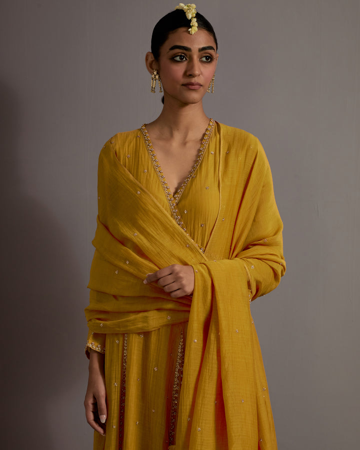 mustard yellow hand embroidered kalli angrakha set