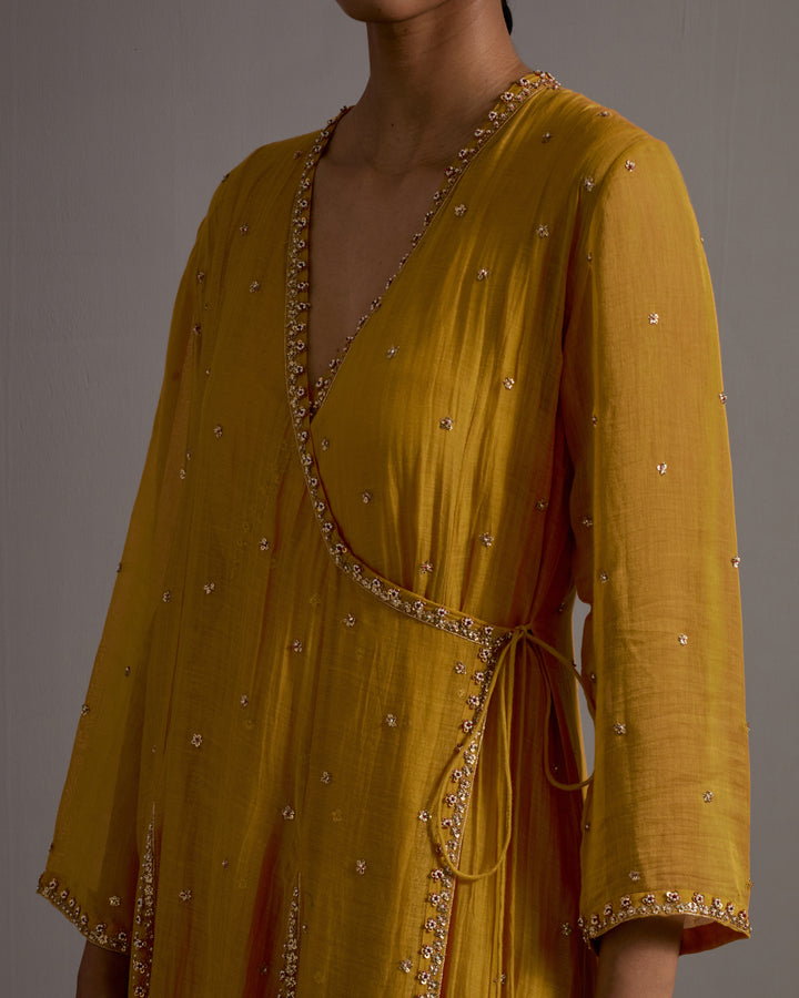 mustard yellow hand embroidered kalli angrakha set