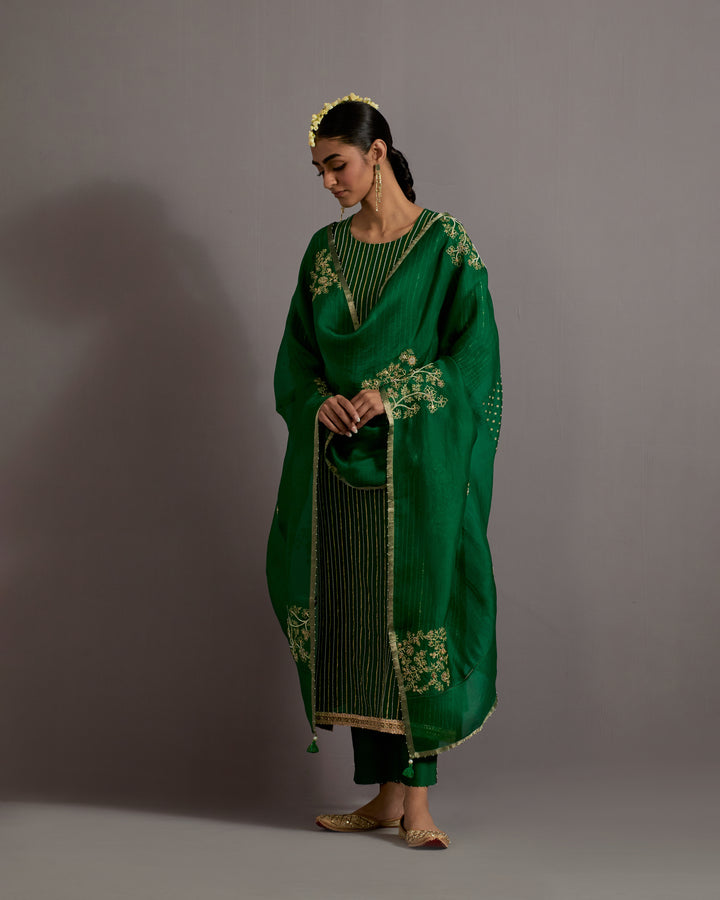 green stripes hand embroidered straight kurta