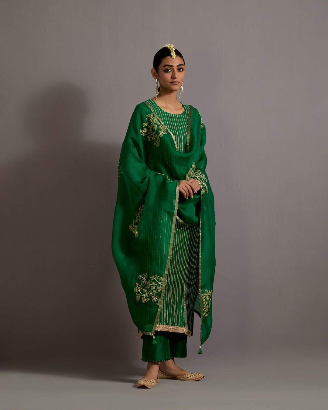 green stripes hand embroidered straight kurta