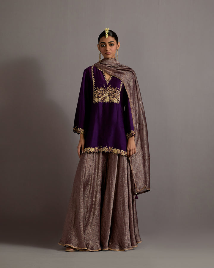 aubergine guccha jaal embroidered short kurta sharara set