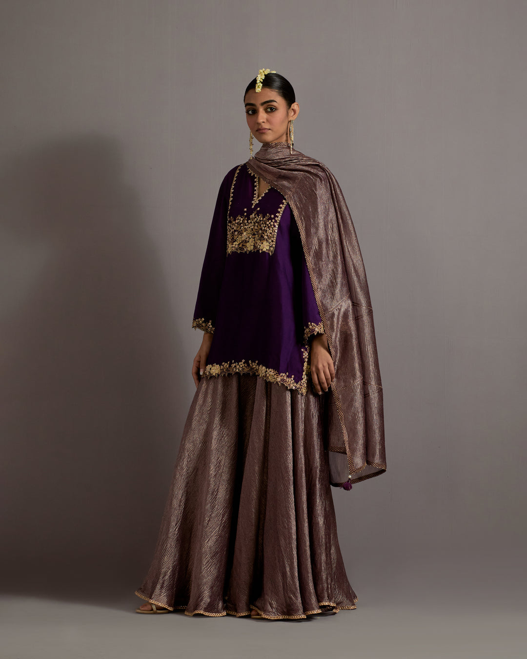 aubergine guccha jaal embroidered short kurta sharara set