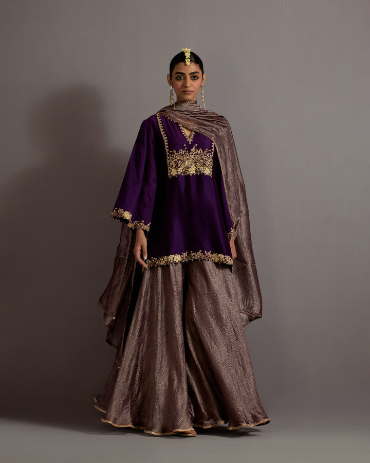 aubergine guccha jaal embroidered short kurta sharara set