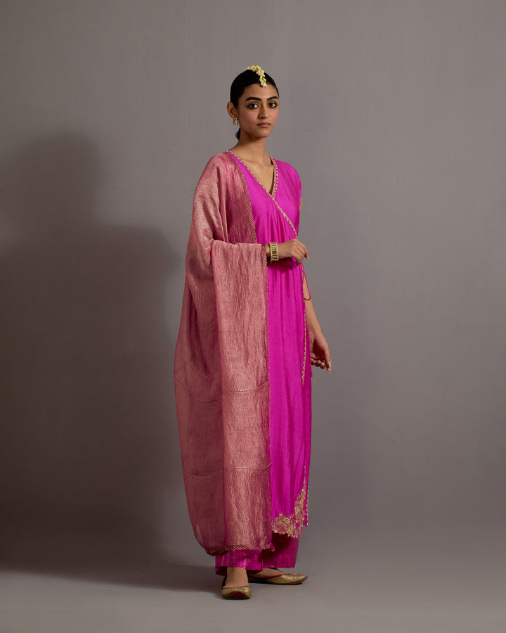 fuchsia pink guccha embroidered straight angrakha set