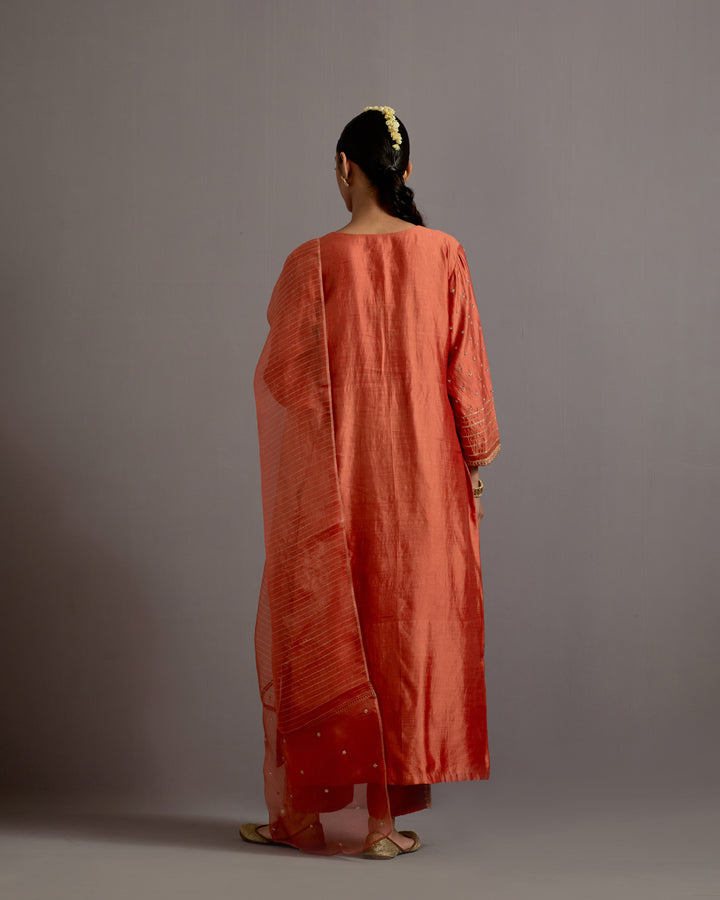 orange boota and stripes embroidered straight kurta set