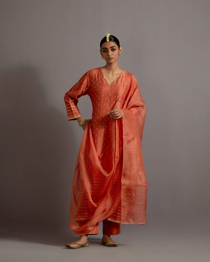 orange boota and stripes embroidered straight kurta set