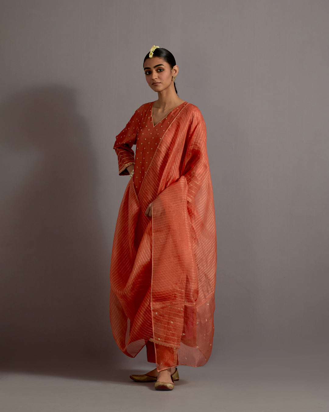 orange boota and stripes embroidered straight kurta set