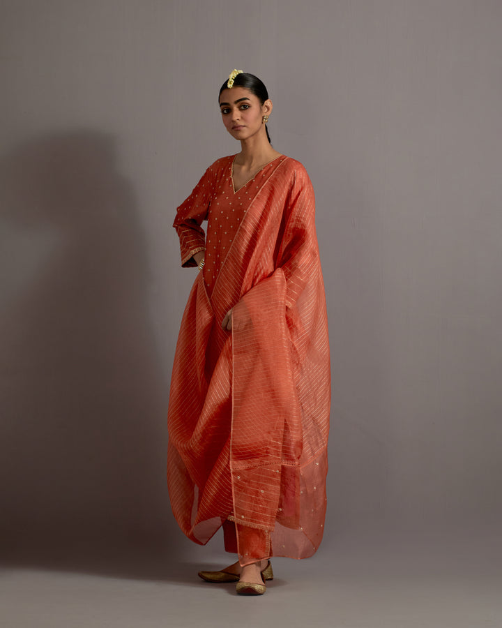 orange boota and stripes embroidered straight kurta set