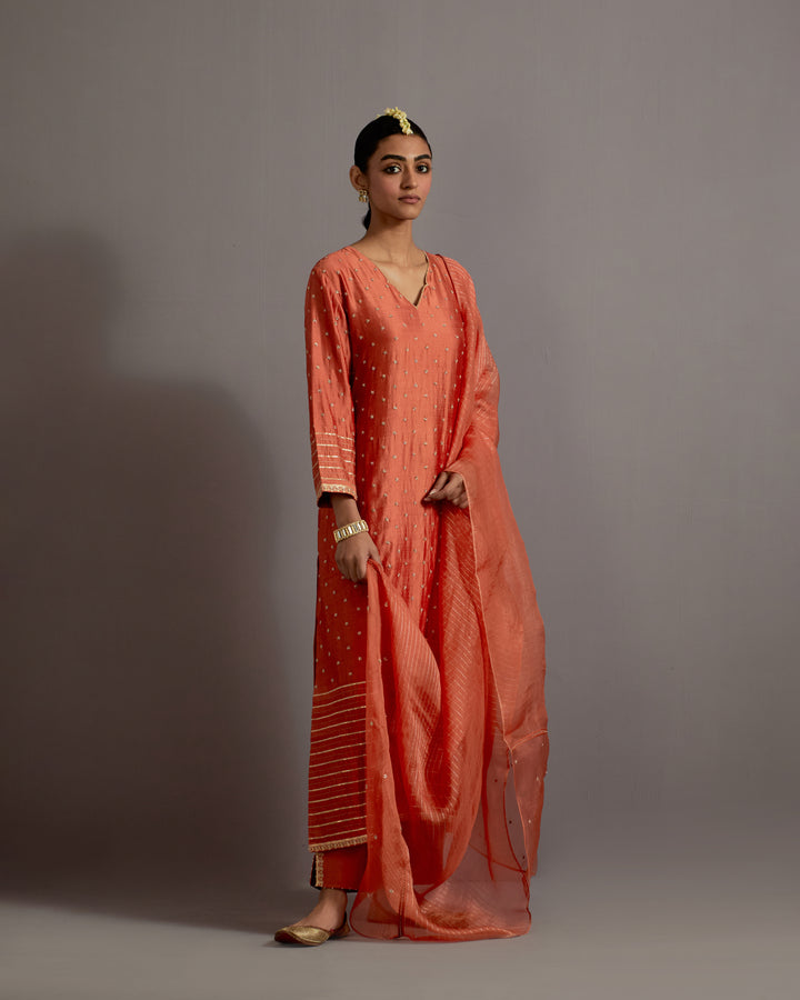 orange boota and stripes embroidered straight kurta set