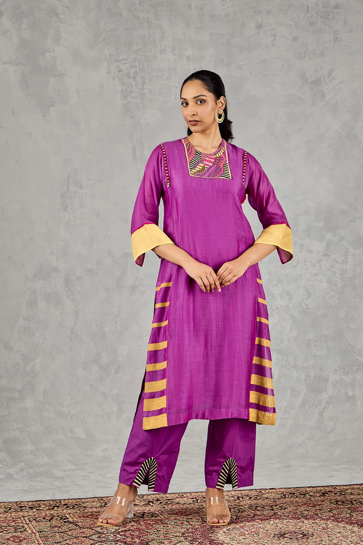 Purple Short Abstract Embroidery Yoke Kurta Set