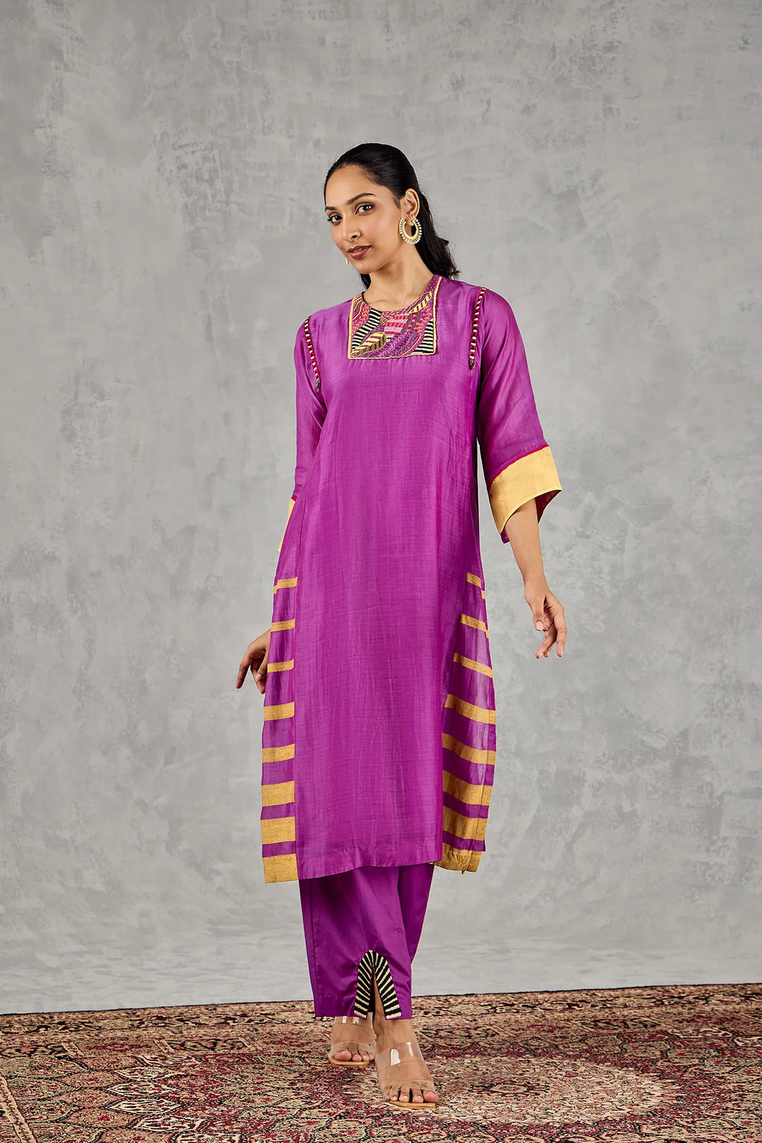 Purple Short Abstract Embroidery Yoke Kurta Set