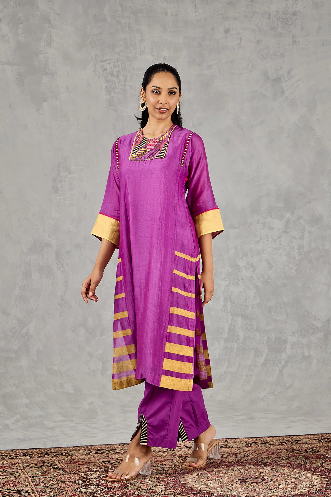 Purple Short Abstract Embroidery Yoke Kurta Set