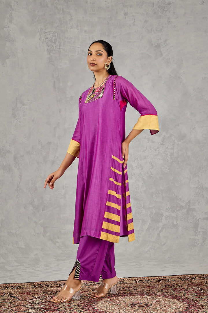 Purple Short Abstract Embroidery Yoke Kurta Set