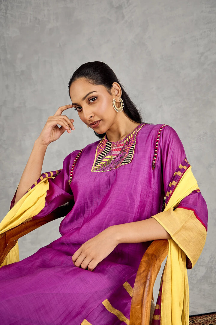 Purple Short Abstract Embroidery Yoke Kurta Set