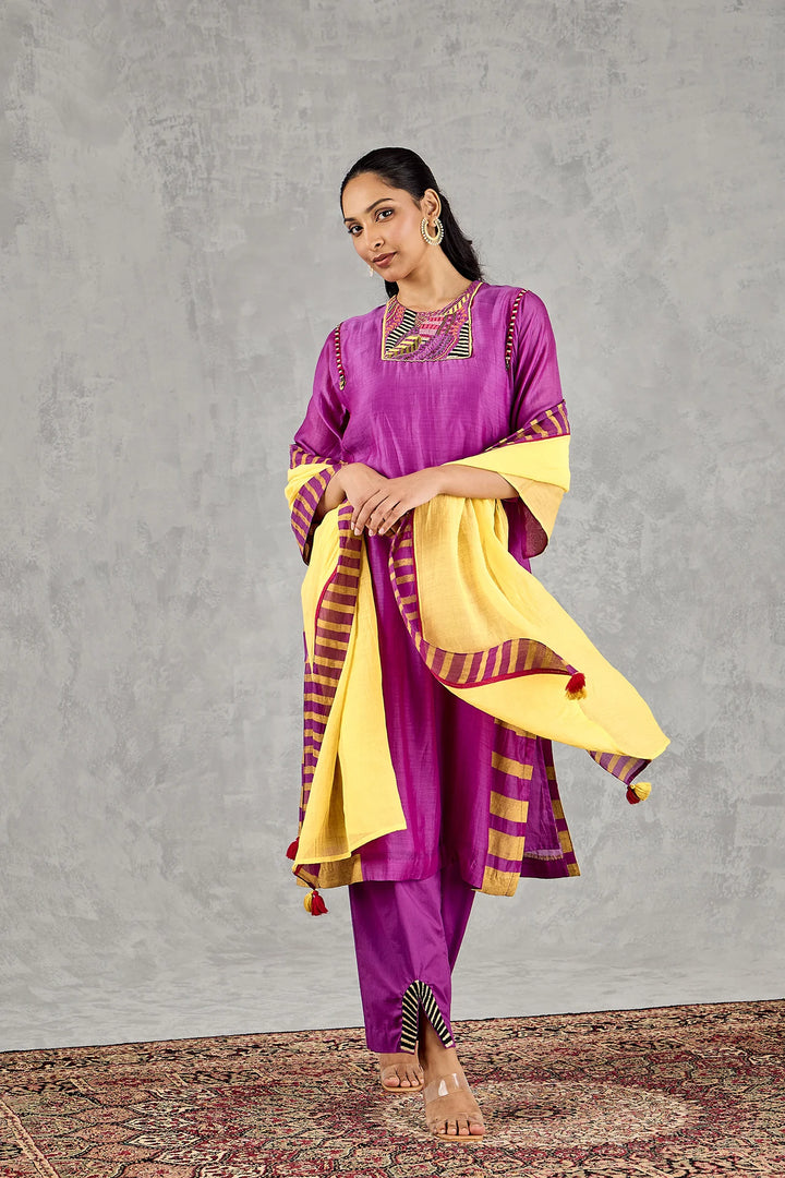 Purple Short Abstract Embroidery Yoke Kurta Set