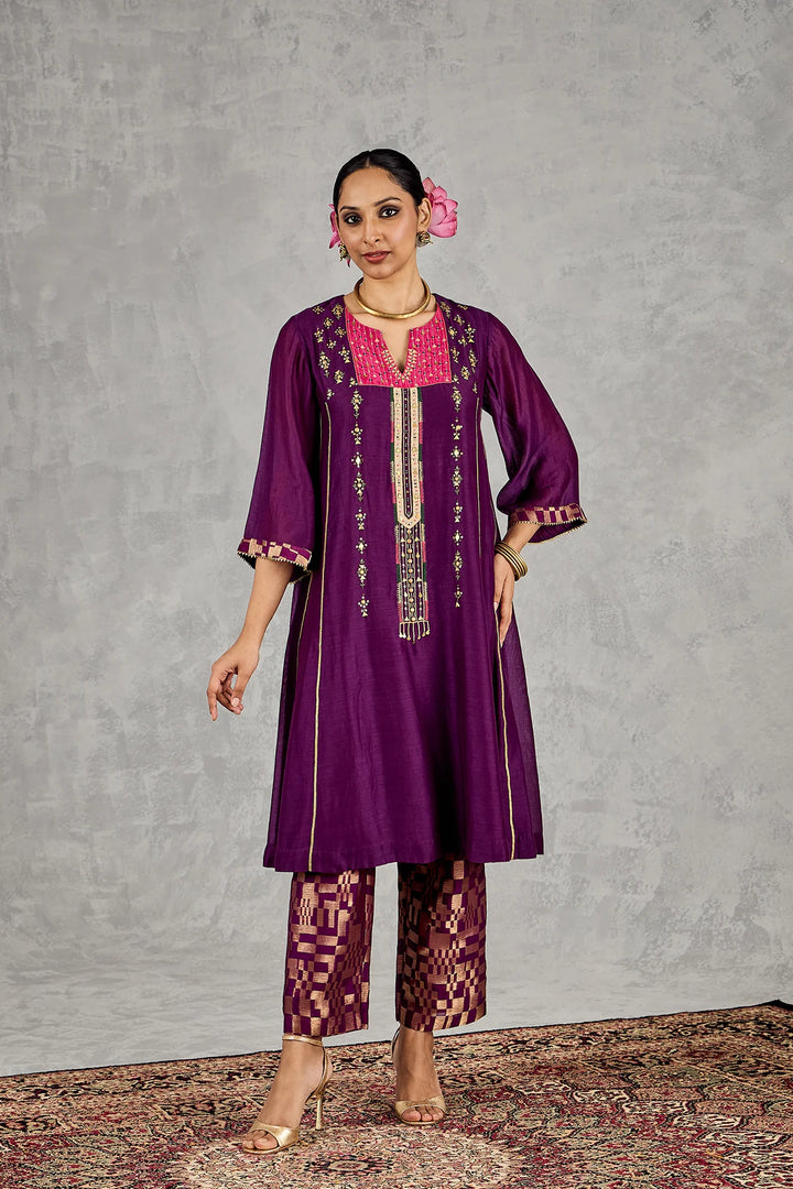 Purple Long Yoke Embroidery Kurta Set